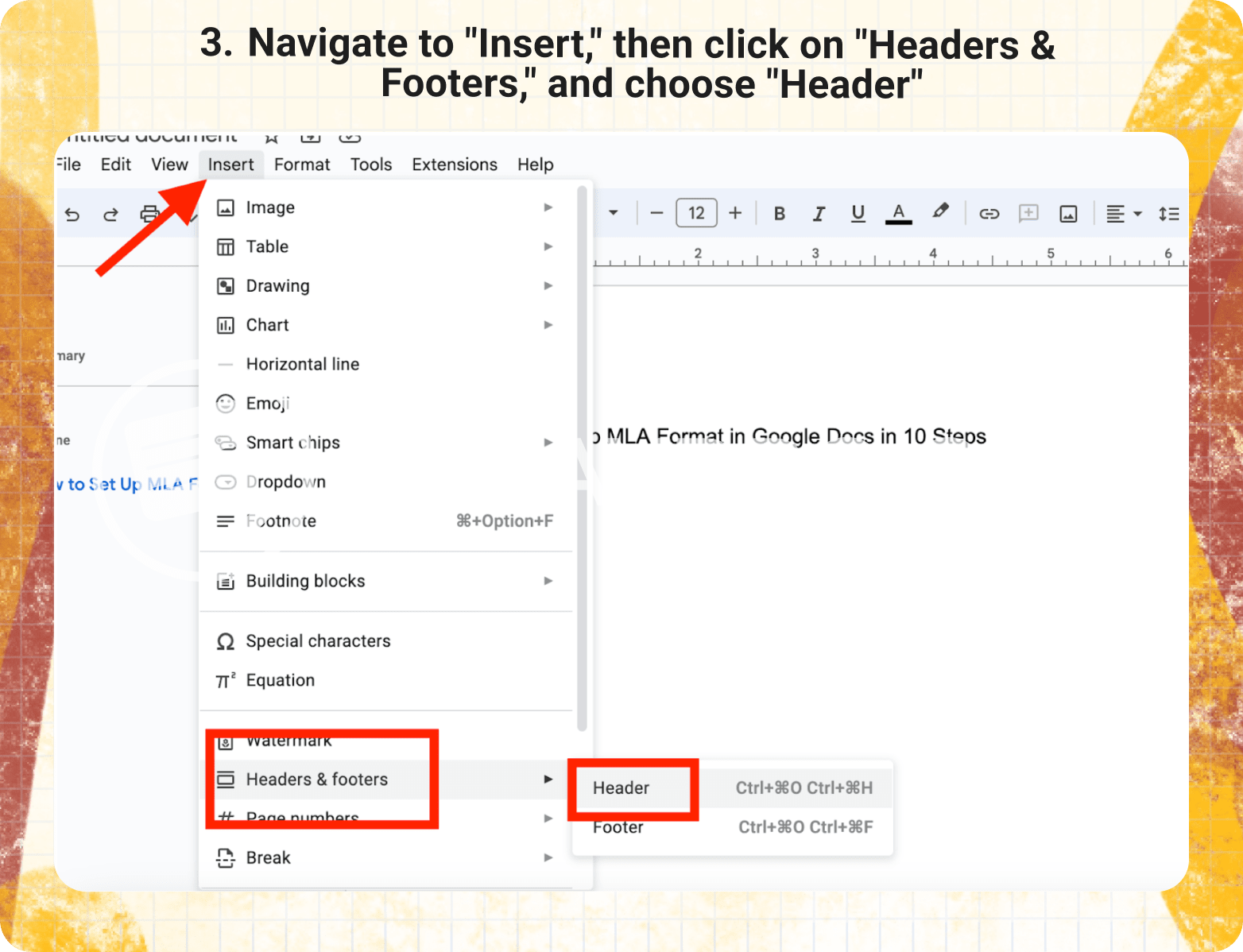 Navigate to "Insert," then click on "Headers & Footers," and choose "Header."