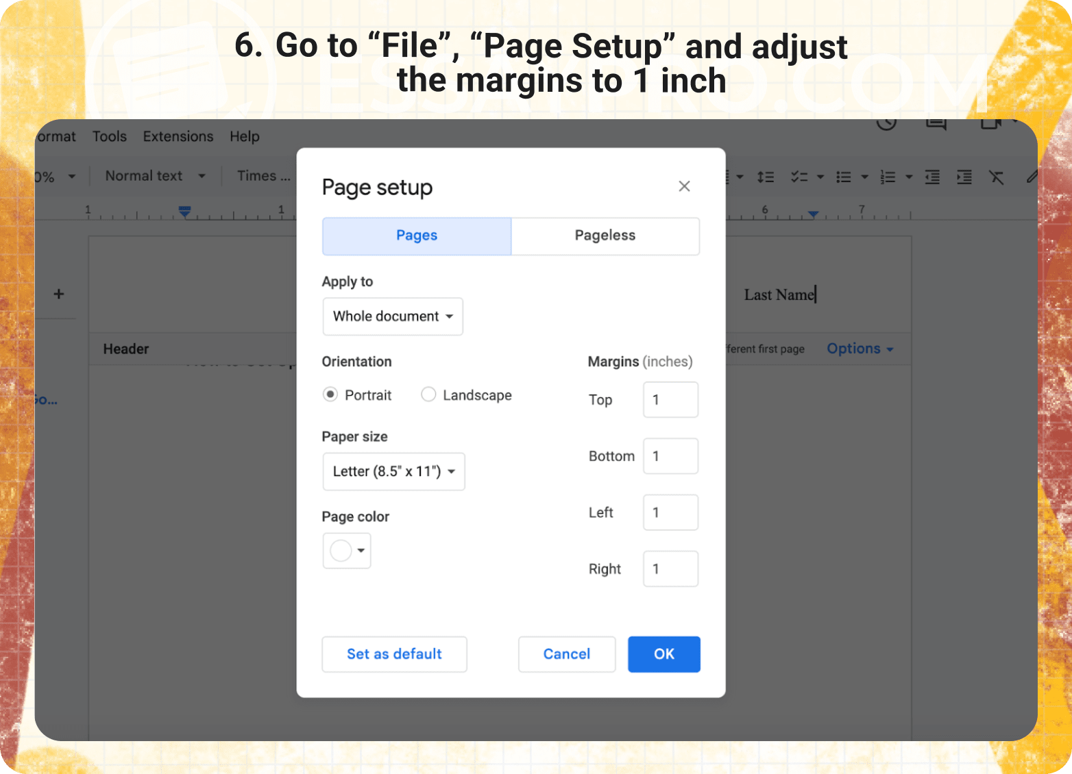 Go to “File”, “Page Setup” and adjust the margins to 1 inch