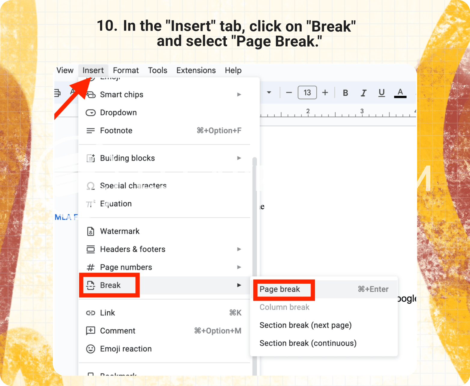 in the "Insert" tab, click on "Break" and select "Page Break."