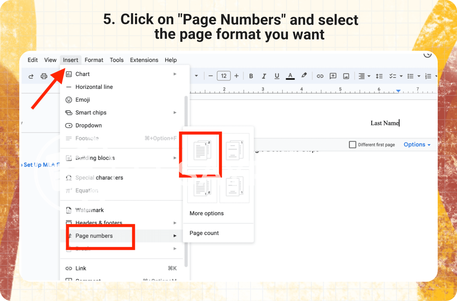 Click on "Page Numbers" and select the page format you want.